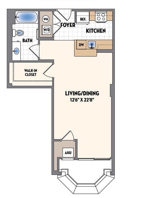 Floor plan for studio, 1 bath, 648 sqft